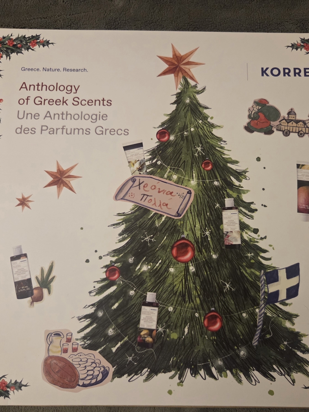 Korres Holiday Gift Box with Green Tree and Red Ornaments